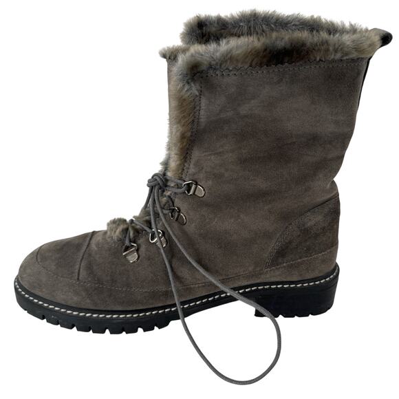 Stuart Weitzman Designer Gray Suede Faux Fur Lined Boots 7.5 Combat Mark on Toe - Picture 3 of 12